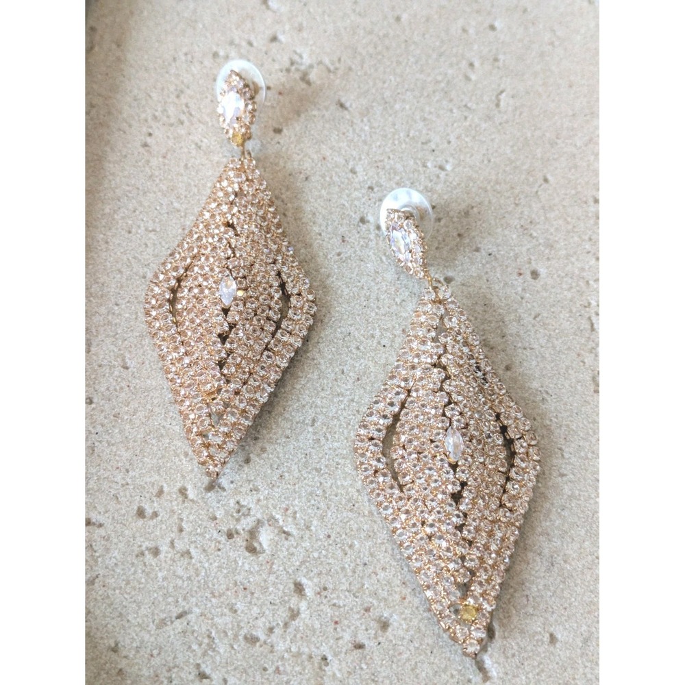 Rhinestone Dangle Earrings In Gold Tone Lattice Design Diamond Shaped Long Bling